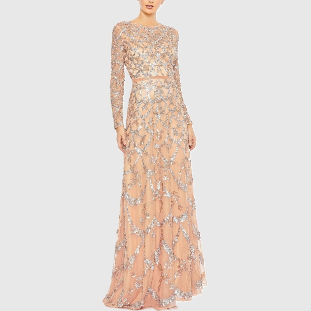Mac Duggal Pink Embellished Illusion High Neck Long Sleeve A Line Gown
